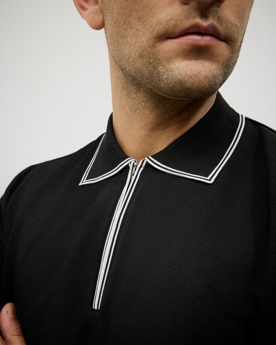Textured Zip Collar Polo, Black, hi-res